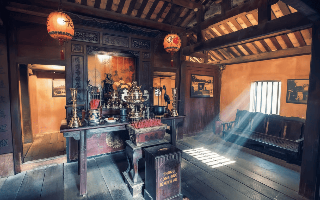 The worship space dedicated to Bac De Tran Vu is arranged with great reverence, creating a warm and sacred atmosphere